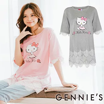 Gennie’s奇妮 Hello Kitty可愛女孩拼接蕾絲長版上衣-灰M灰M