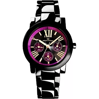 Max Max納希瑟斯驚豔三眼時尚陶瓷錶-紫X黑