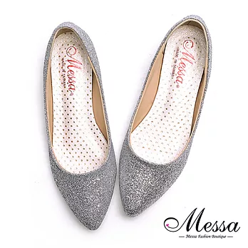 【Messa米莎專櫃女鞋】MIT耀眼金蔥亮片內真皮尖頭低跟包鞋35銀色