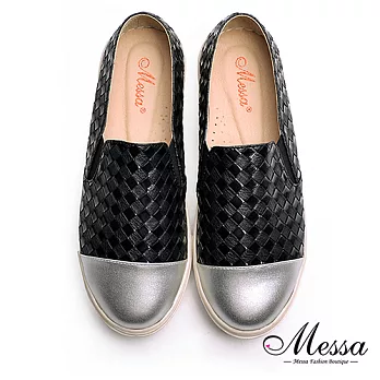 【Messa米莎專櫃女鞋】MIT休閒拼接編織內真皮厚底懶人鞋-黑色35黑色
