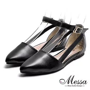 【Messa米莎專櫃女鞋】MIT知性雙側帶鏤空繫踝尖頭平底鞋-黑色35黑色