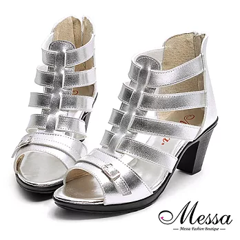 【Messa米莎專櫃女鞋】MIT美式街頭羅馬編織內真皮粗跟涼鞋-銀色35銀色