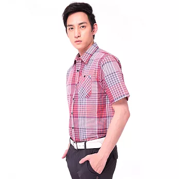 【hilltop山頂鳥】男款Cool Touch吸濕排汗抗UV短袖襯衫S06M59-S紅格紋