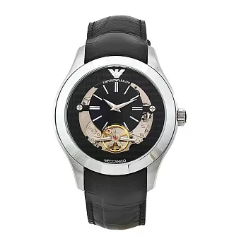 【EMPORIO ARMANI】復古黑色鏤空機械錶(AR4640)/44mm