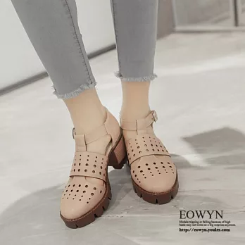 EOWYN.春夏新款透氣雕花圓頭釦環粗跟中跟包鞋牛津鞋EMD04726-59/3色/34-39碼現貨+預購34杏色
