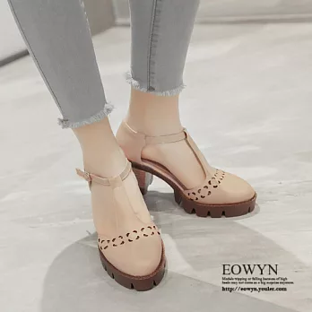 EOWYN.英倫復古雕花T字釦帶中空涼鞋粗跟圓頭牛津包鞋EMD04728-65/3色/34-39碼現貨+預購34杏色