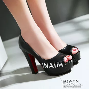 EOWYN.性感時尚涼鞋百搭字母拼色高跟魚口鞋EMD04730-74/2色/34-39碼現貨+預購34黑色