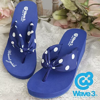 WAVE 3 (女) - 甜姐兒點點緞布高底人字拖鞋 - 藍點點S藍色