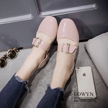 EOWYN.韓版時尚新款方頭釦環粗跟紳士包鞋EMD04755-54/3色/34-39碼現貨+預購34粉色