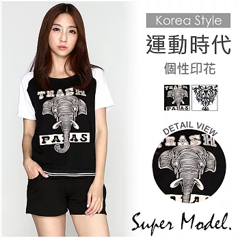 【名模衣櫃】韓系印花休閒兩件式套裝-共2款(M-XL適穿)FREE大象黑