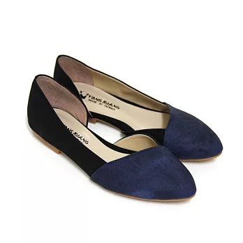 【Pretty】法式優雅側縷空平底尖頭鞋23藍色
