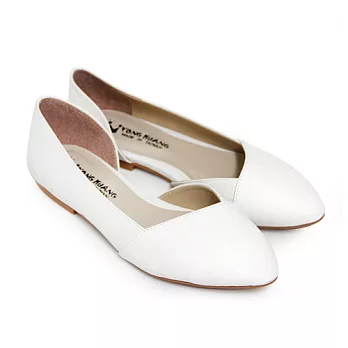 【Pretty】法式優雅側縷空平底尖頭鞋23白色