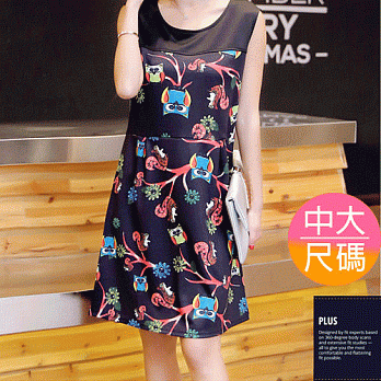 【SCL南加州丹寧時尚】歐美新款黑色俏麗印花顯瘦圓領無袖連身裙洋裝 (XL-5L)5XL黑色