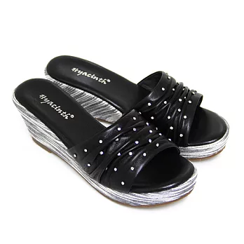 ◤Green Phoenix◥獨特不規則抓皺壓克力水鑽全真皮金屬撞色楔型拖鞋34黑色