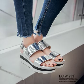 EOWYN.歐美時尚新款寬版釦環厚底平底休閒涼鞋EMD04807-74/3色/34-39碼現貨+預購34銀色