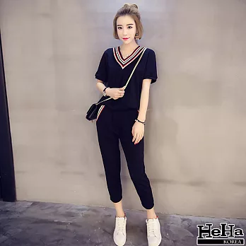 二件式 V領短袖九分褲休閒套裝 二色-HeHa-FREE(黑色)