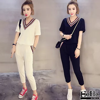 二件式 V領短袖九分褲休閒套裝 二色-HeHa-FREE(白色)