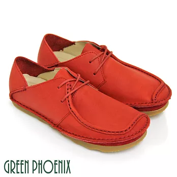 Green Phoenix內斂純粹極簡素面綁帶臘感牛皮兩穿平底休閒鞋35紅色