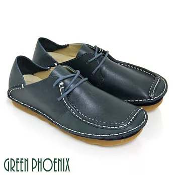 Green Phoenix內斂純粹極簡素面綁帶臘感牛皮兩穿平底休閒鞋35藍色