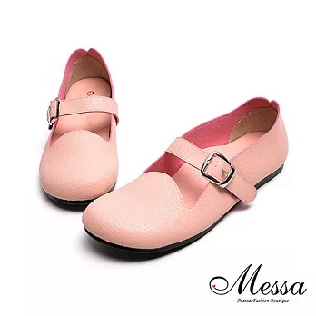 【Messa米莎專櫃女鞋】MIT舒適柔軟魔鬼氈釦帶內真皮圓頭包鞋35粉紅色