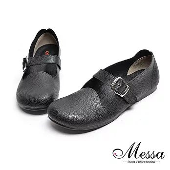 【Messa米莎專櫃女鞋】MIT舒適柔軟魔鬼氈釦帶內真皮圓頭包鞋35黑色
