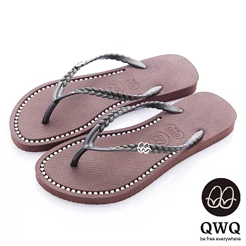 QWQ夾拖的創意(女) - 彩色素面鞋面施華洛世奇鑽鍊夾腳拖鞋 - 咖啡色35咖啡色