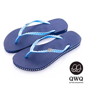 QWQ夾拖的創意(女) - 彩色素面鞋側施華洛世奇鑽鍊夾腳拖鞋 - 寶石藍35寶石藍