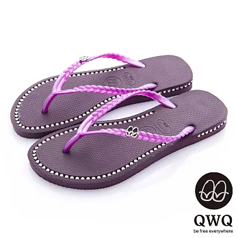 QWQ夾拖的創意(女) - 彩色素面鞋面+鞋側 施華洛世奇鑽鍊夾腳拖鞋 - 神秘紫35神秘紫