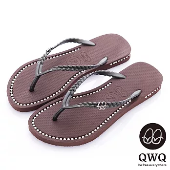 QWQ夾拖的創意(女) - 彩色素面鞋面+鞋側 施華洛世奇鑽鍊夾腳拖鞋 - 咖啡色35咖啡色