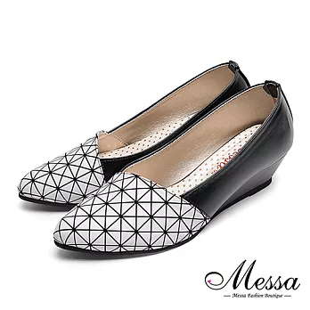 【Messa米莎專櫃女鞋】MIT經典美型壓紋拼接斜口楔型包鞋35白色