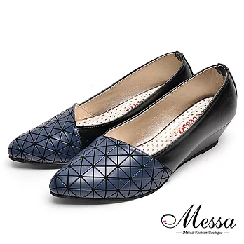 【Messa米莎專櫃女鞋】MIT經典美型壓紋拼接斜口楔型包鞋35藍色