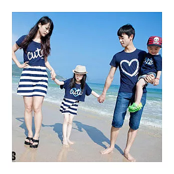 cute愛心棉T條紋裙親子裝情侶裝(女童)90藍白