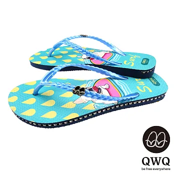 QWQ夾拖的創意(女) - 狗狗塗鴨SURF 側鑽鍊夾腳拖鞋 - 淺藍35藍