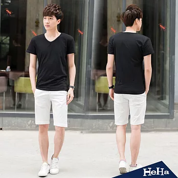 T恤 韓版彈性V領純色短T 四色-HeHa-XL(黑色)