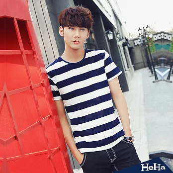 T恤 彈性綿條紋圓領短袖上衣-HeHa-XL*