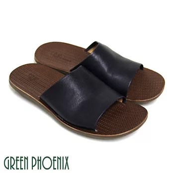 ◤Green Phoenix◥全真皮耐磨壓編織紋室內外兩用平底男拖鞋S牛仔