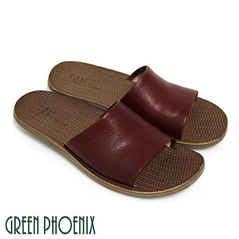 ◤Green Phoenix◥全真皮耐磨壓編織紋室內外兩用平底女拖鞋S紅色