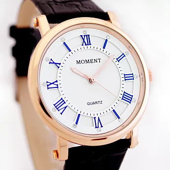 MOMENT FW-8064G 羅馬現代風格皮革石英錶- 白面藍字