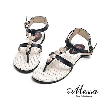 【Messa米莎專櫃女鞋】MIT金屬水鑽一字繫踝平底涼鞋36黑色