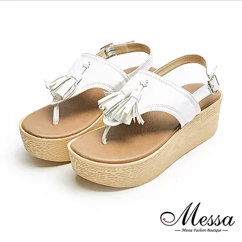 【Messa米莎專櫃女鞋】MIT波希米亞復古流蘇T字厚底涼鞋36白色
