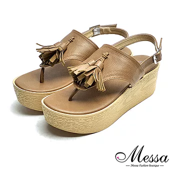 【Messa米莎專櫃女鞋】MIT波希米亞復古流蘇T字厚底涼鞋36棕色