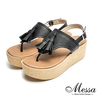 【Messa米莎專櫃女鞋】MIT波希米亞復古流蘇T字厚底涼鞋36黑色