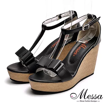 【Messa米莎專櫃女鞋】MIT甜美蝴蝶結T字繫踝楔型涼鞋36黑色