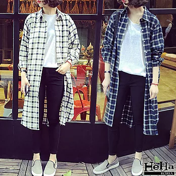 襯衫 復古格紋長版開叉長袖罩衫 二色-HeHa-FREE(白色)