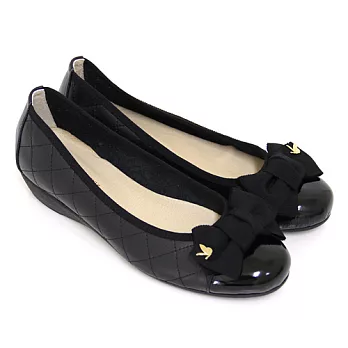 ◤Green Phoenix◥緞面蝴蝶結金屬裝飾菱格紋全真皮小坡跟娃娃鞋5黑色