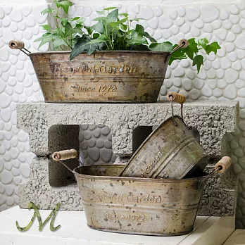【Meric Garden】LOFT復古工業風仿銅鏽蝕鐵藝裝飾花器 (雙把提籃M)