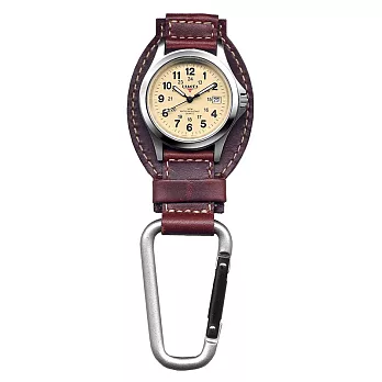 美國DAKOTA 米色錶盤銀色錶框登山錶 皮革錶帶銀色掛錶/30mm