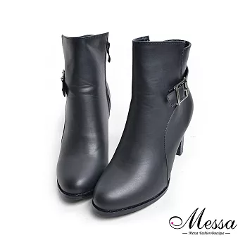 【Messa米莎專櫃女鞋】個性時尚皮帶造型素面圓頭高跟踝靴37黑色