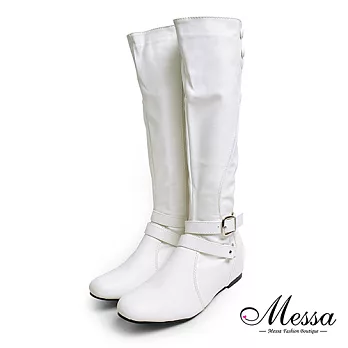 【Messa米莎專櫃女鞋】素色鈕扣皮帶造型鬆緊感內增高長靴39白色