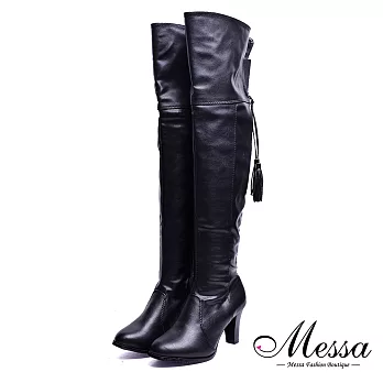 【Messa米莎專櫃女鞋】個性保暖細皮帶造型內鋪棉過膝高跟長靴37黑色